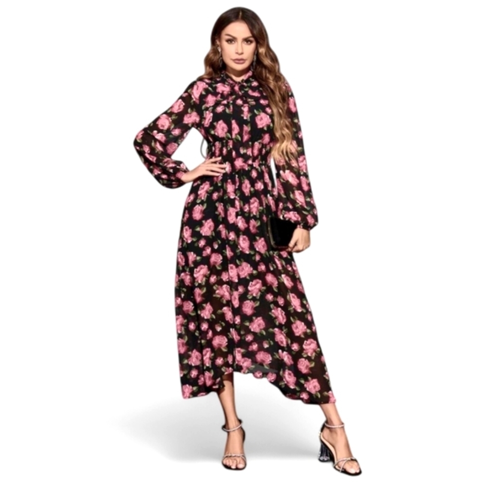 #124 Floral Black and Pink Maxi Dress Size 4 NWT